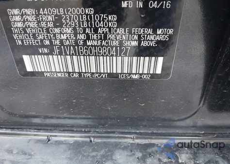 2017 Subaru Wrx z USA, uszkodzony, nr VIN JF1VA1B60H9804127